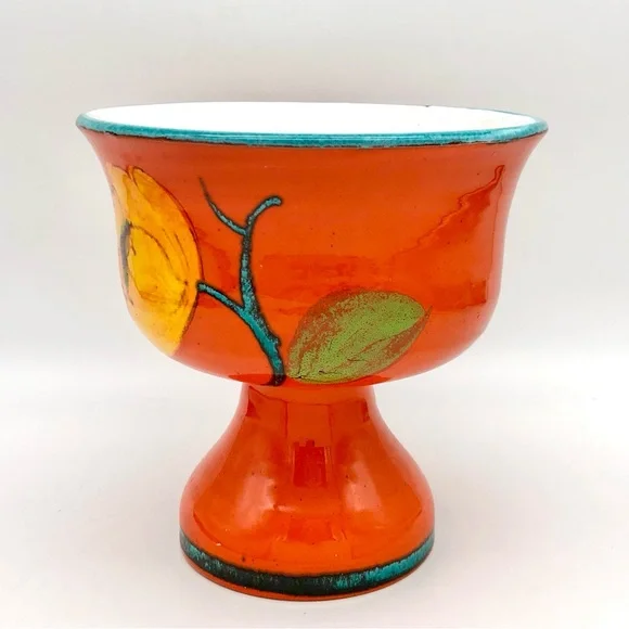 Italian Art Pottery Compote Planter Atomic Orange Pedestal Bowl Vase MCM Italy
